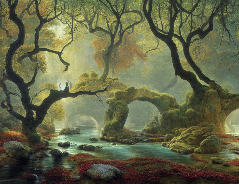 Tranquil forest scene with moss-covered trees and stone bridge