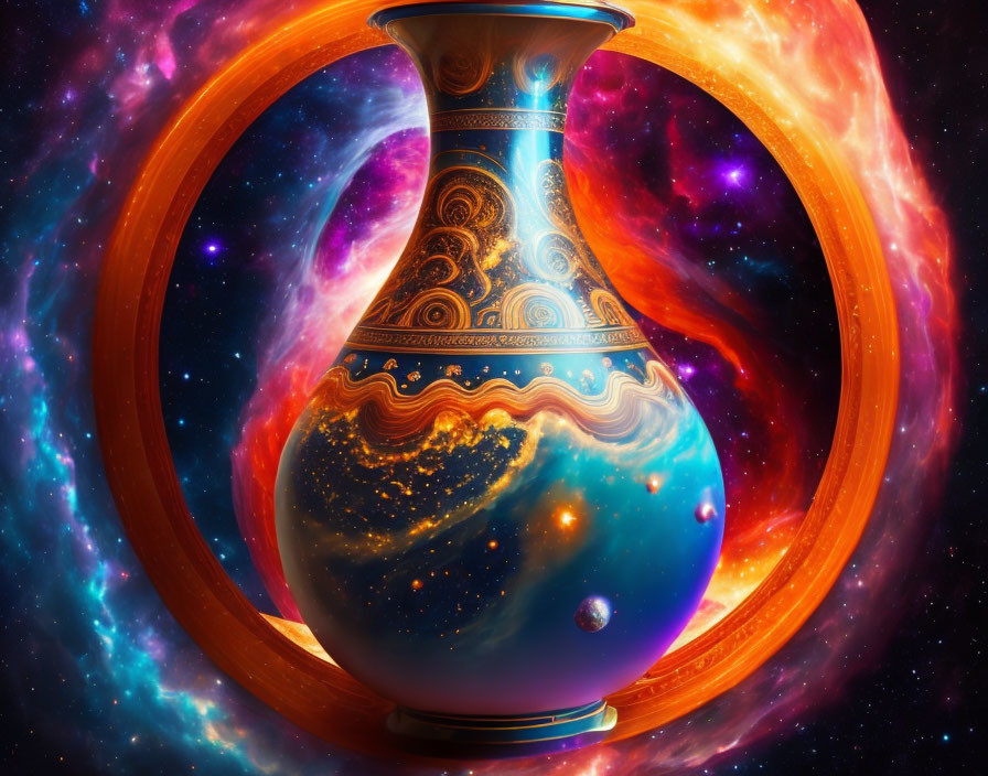 Intricate cosmic vase with fiery orange ring in space