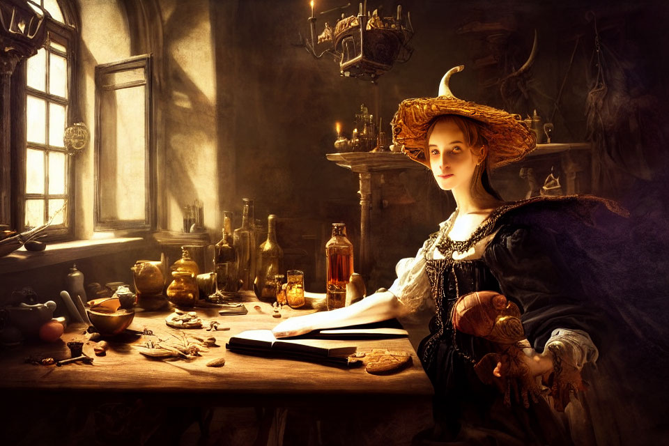 Period-attired woman reading at table with antique items in dimly lit room