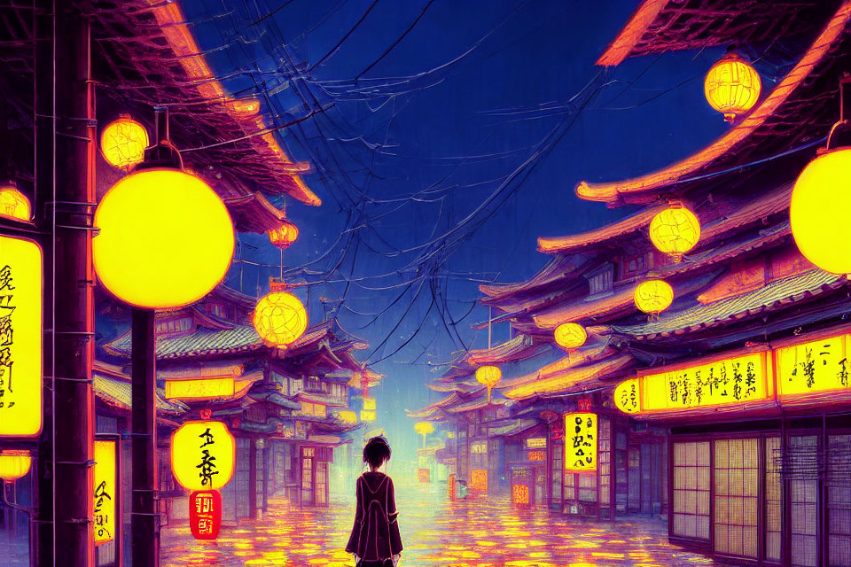 Vibrant neon-lit alley with traditional Asian architecture