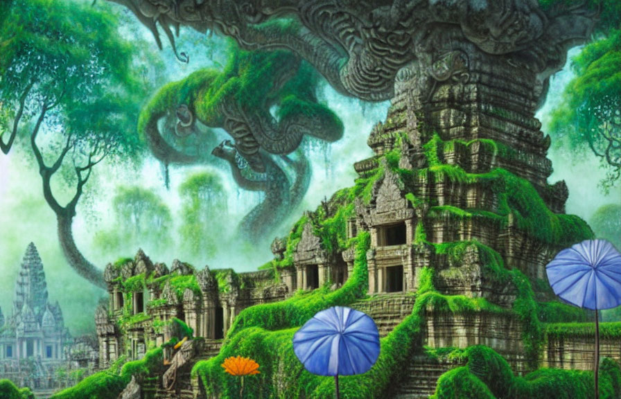 Fantasy landscape with ancient temple, lush greenery, and serpentine roots.