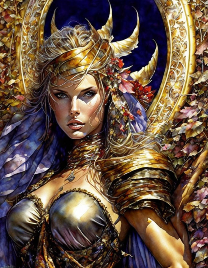 Fantasy illustration: Woman with golden horns, armor, cape, autumn leaves.