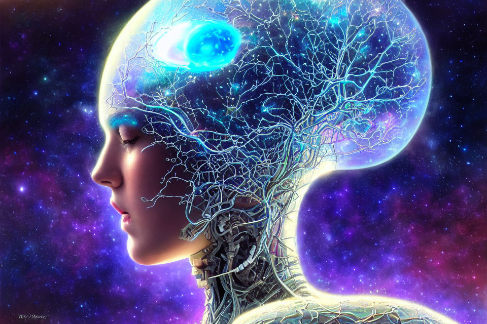 Humanoid with Transparent Tree-Like Brain in Cosmic Setting