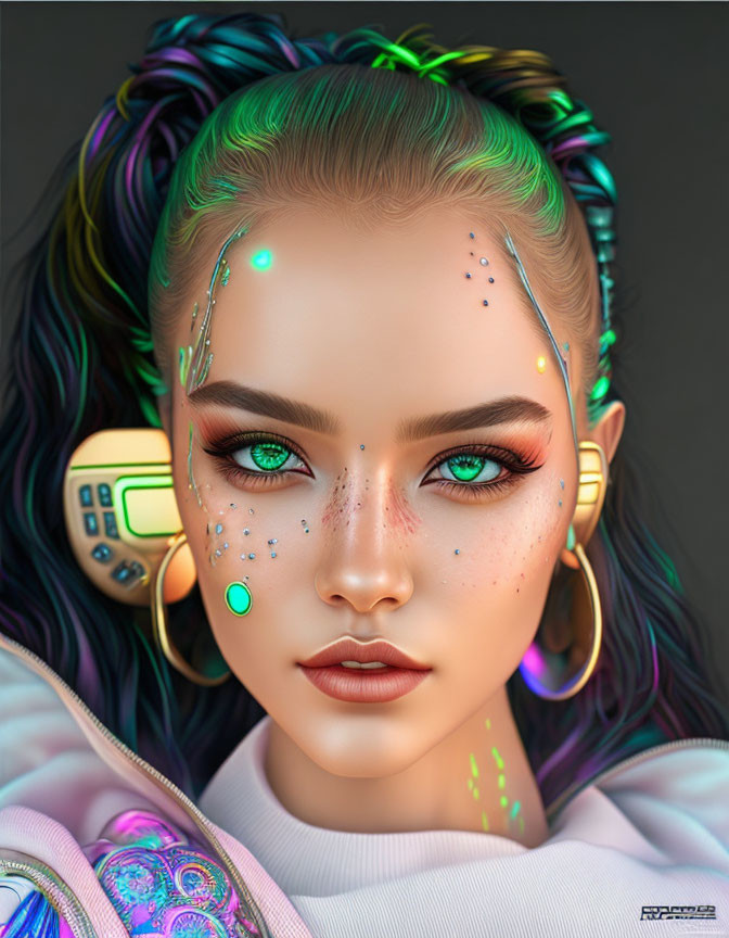 Close-up digital artwork: Female with multicolored hair, futuristic makeup, glowing accents, and tech