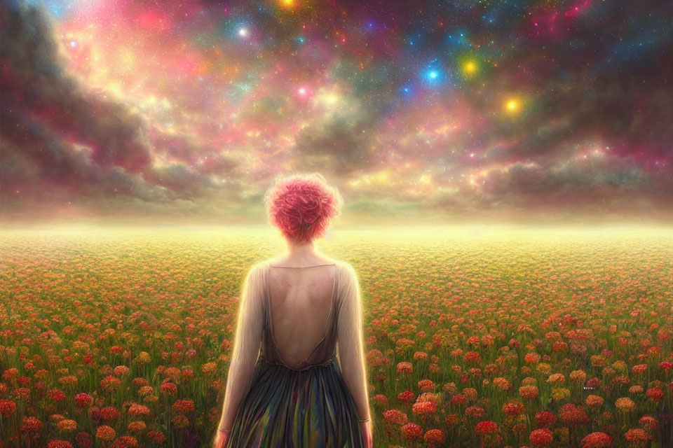 Pink-haired person in vibrant flower field under star-filled sky