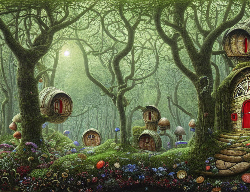 Enchanting forest with whimsical treehouses and vibrant mushrooms