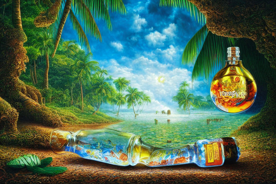 Tropical landscape with painted bottles, greenery, and cloudy sky
