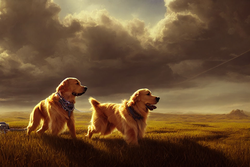 Golden retrievers in sunlit field with dramatic sky and blue bandana.