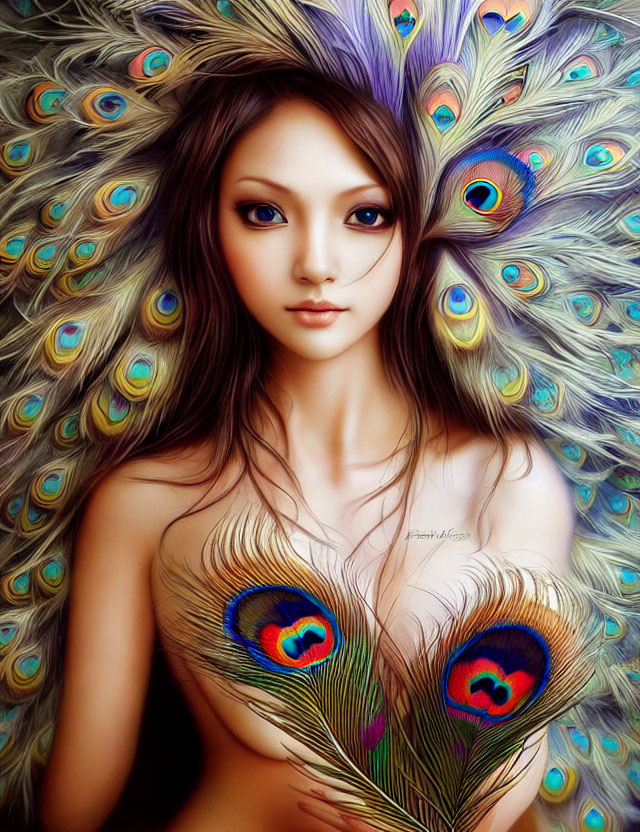 Fantasy Artwork: Woman with Peacock Feather Hair & Attire