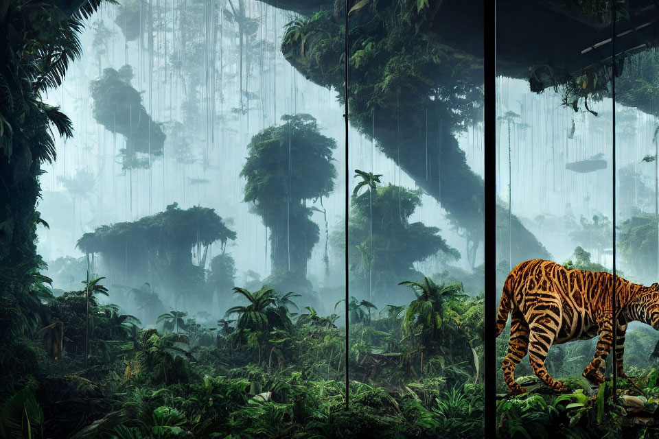 Tiger in lush tropical forest with mist and glass barrier