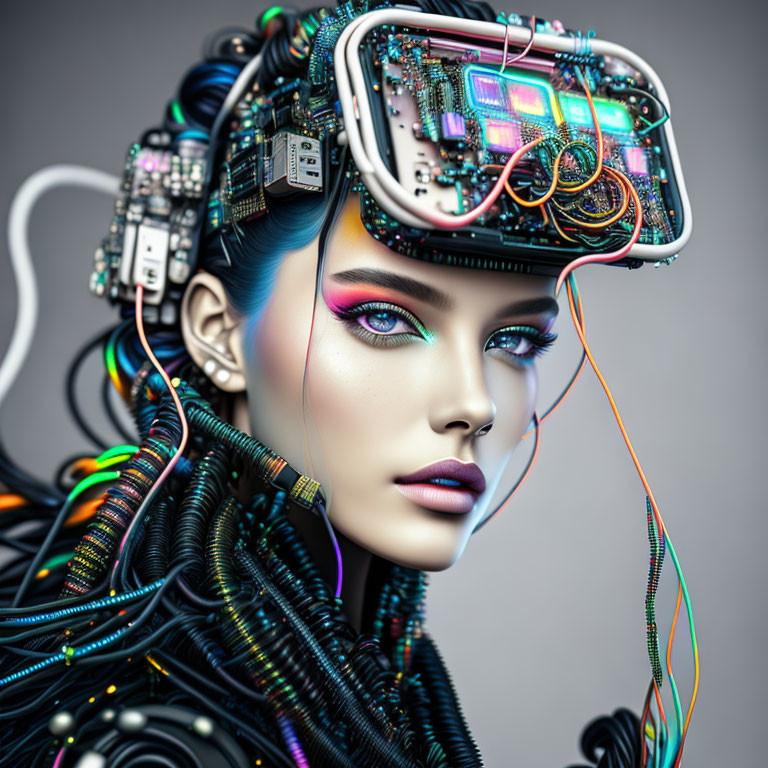 Vibrant makeup woman with futuristic electronic headset