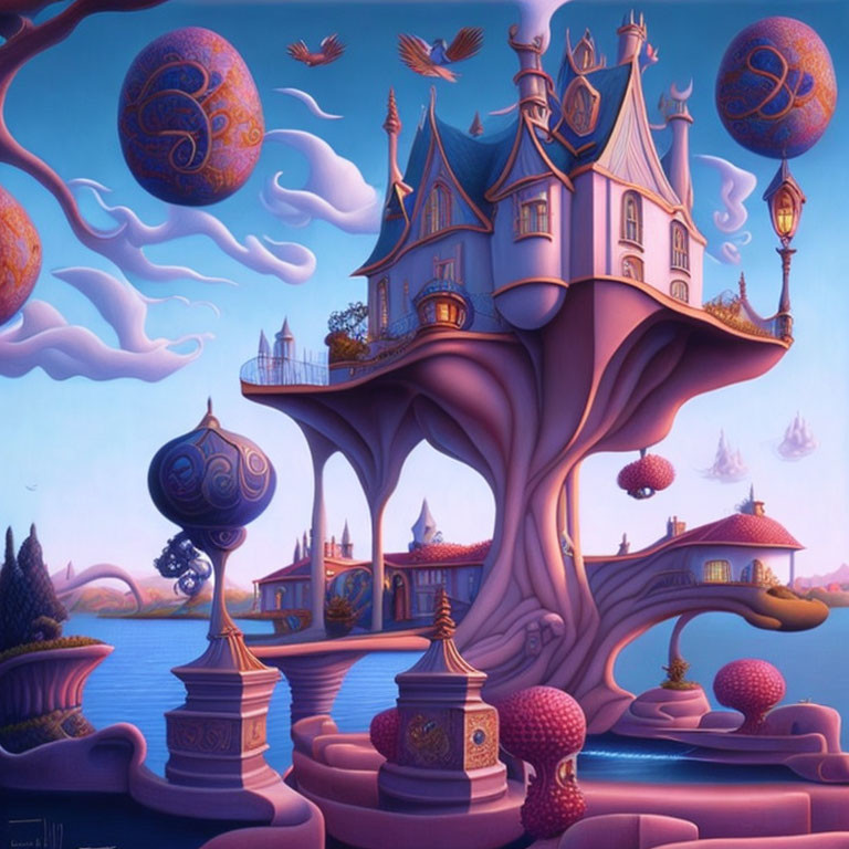 Whimsical castle on giant tree with floating orbs in fantasy landscape