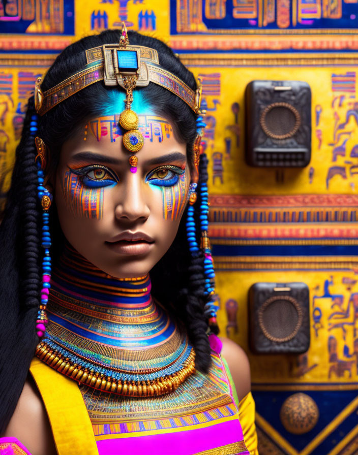 Ancient Egyptian themed woman with intricate makeup and jewelry.