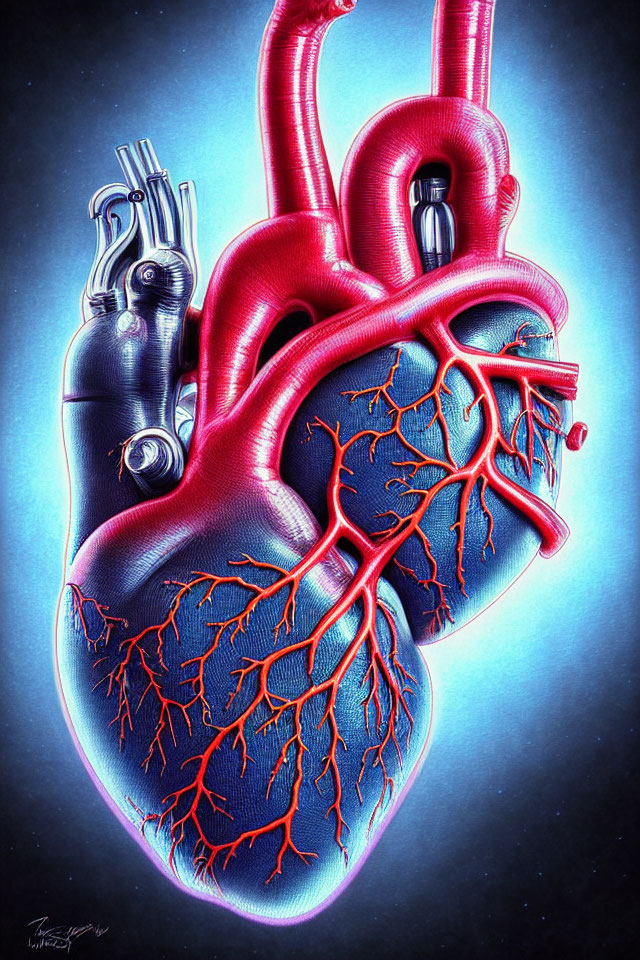 Human heart with mechanical parts in vibrant blues and reds