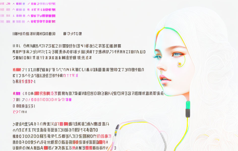 Futuristic female figure with pale skin and digital cables in 3D-rendered image
