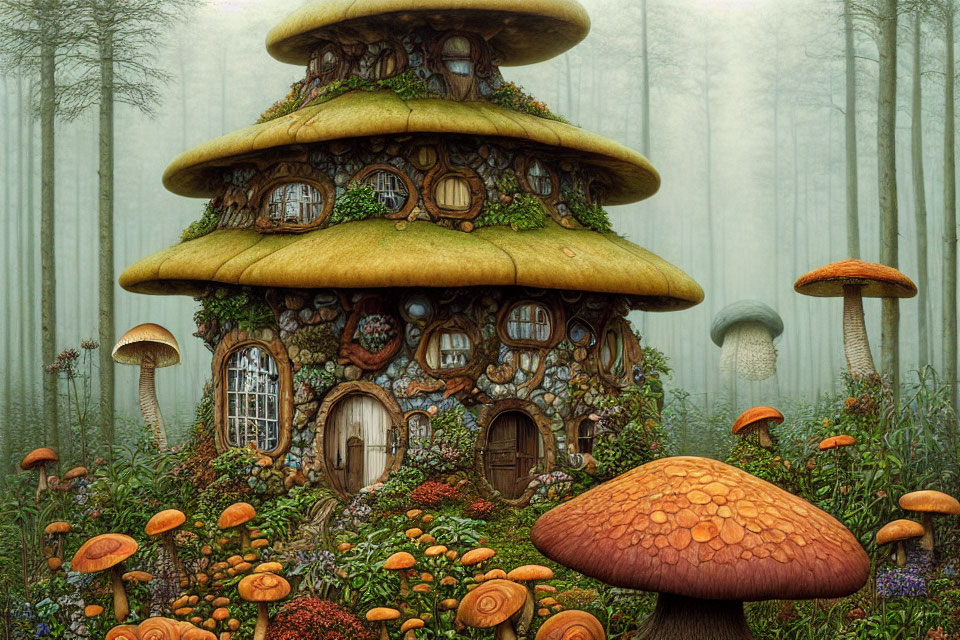 Enchanting forest with whimsical mushroom house and colorful fungi