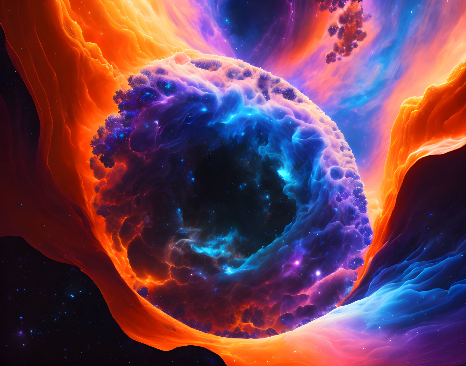 Colorful cosmic illustration: orange and blue nebula swirling around central celestial body