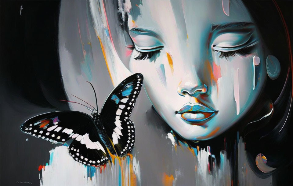 Vibrant abstract painting of girl with butterfly on cheek