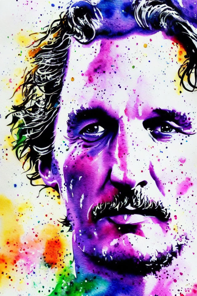 Vibrant watercolor portrait of a man with wavy hair and mustache