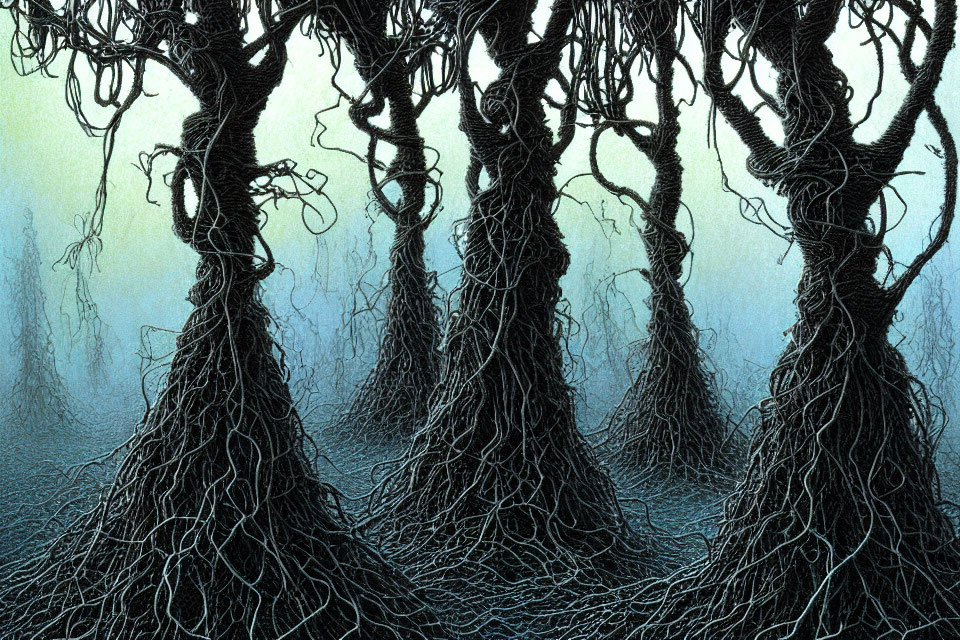 Detailed illustration of twisted ancient trees in mystical forest