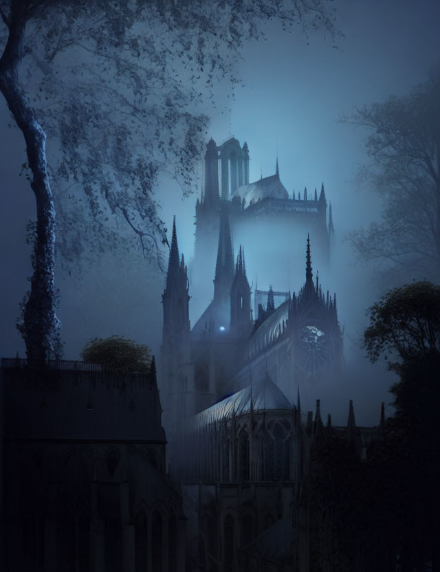 Gothic Cathedral in Foggy Night Scene with Bare Tree