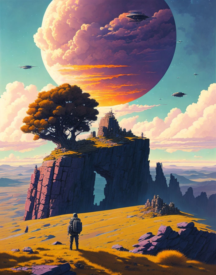 Spacesuit person gazes at canyon, tree, castle, spaceships, and giant moon