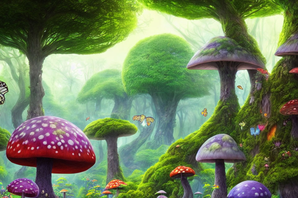 Colorful Mushroom Forest Scene with Butterflies in Mystical Atmosphere