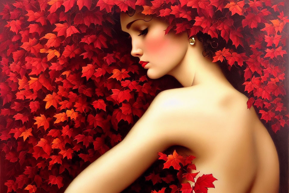 Contemplative woman with bare shoulders among vibrant red leaves