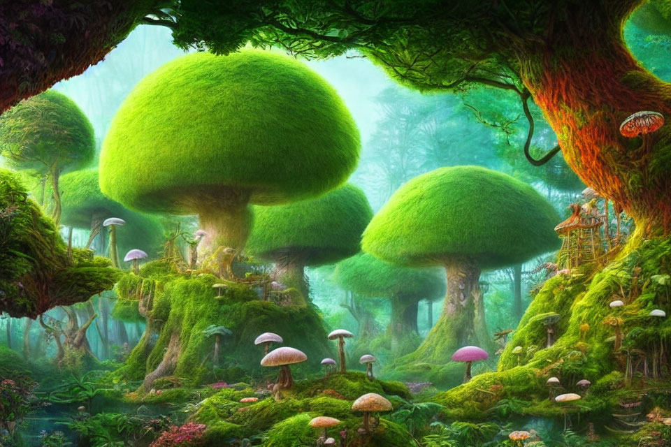 Fantasy forest with mushroom-shaped trees, moss, and treehouse