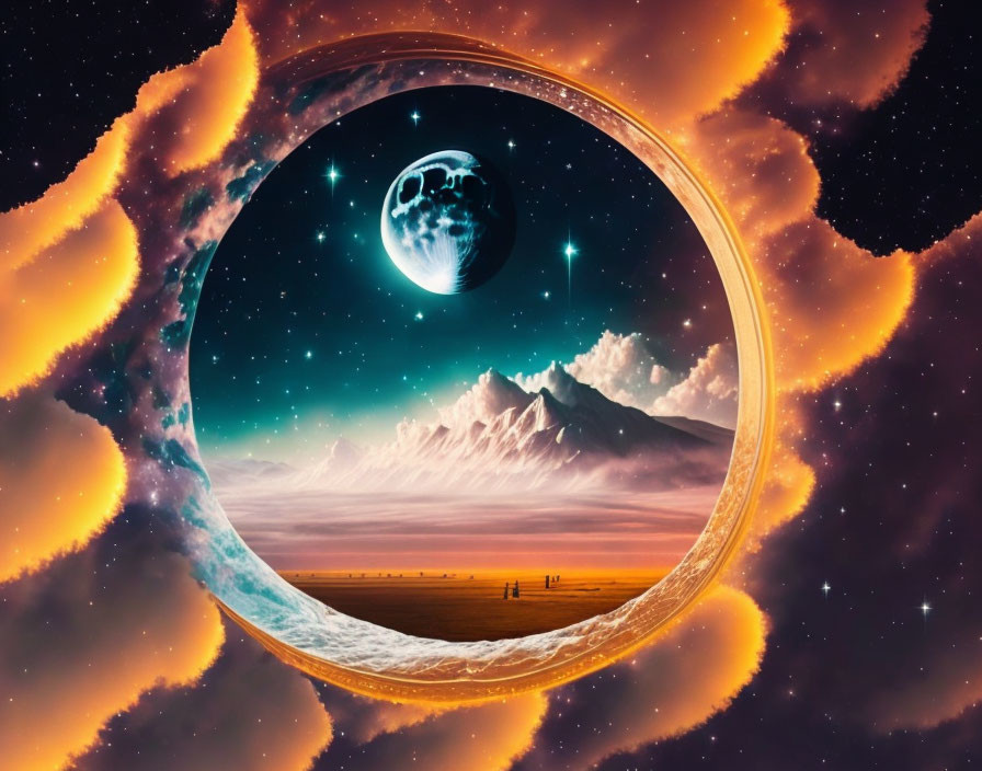 Surreal circular portal with moon, mountains, starry sky, and silhouetted figures