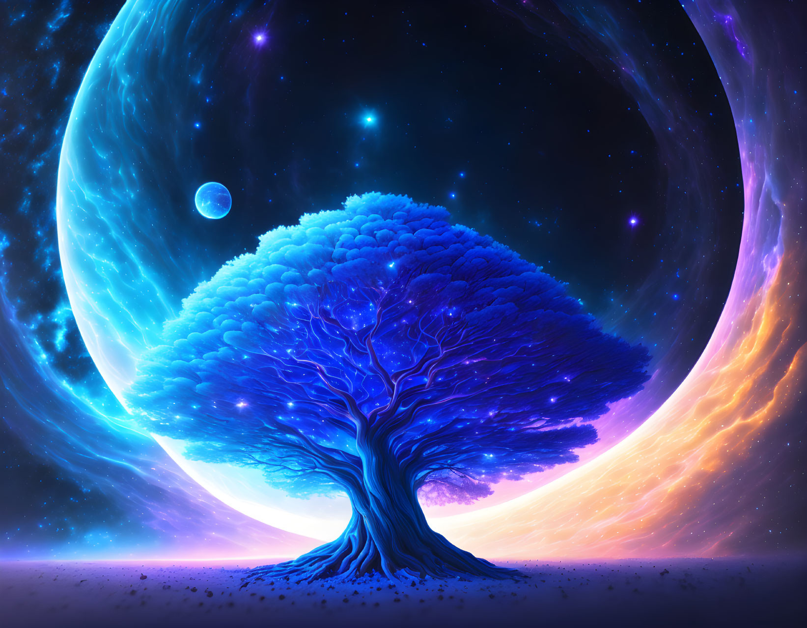 Colorful digital artwork: Solitary tree in cosmic setting