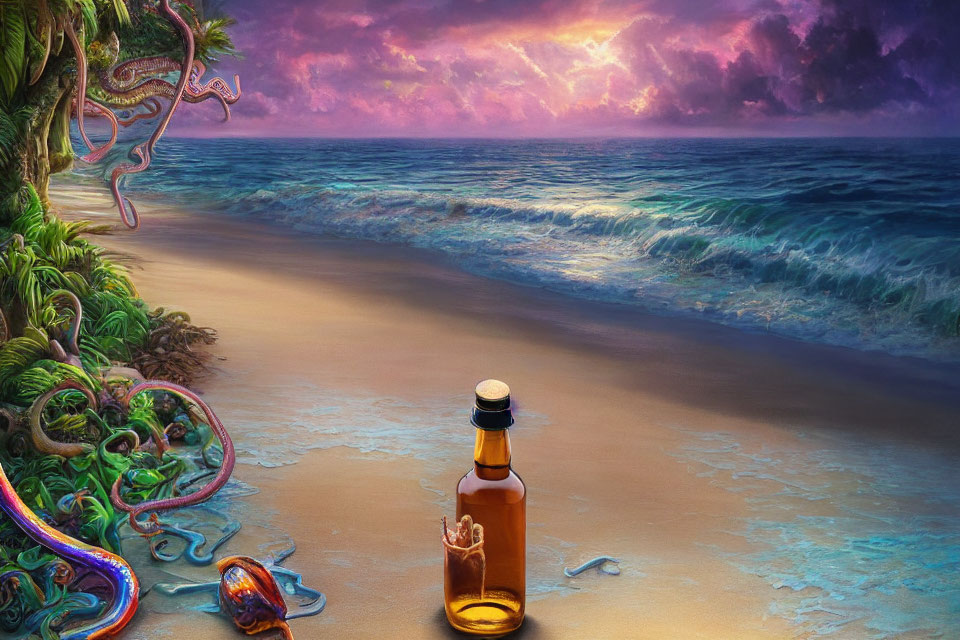Vibrant surreal beachscape with purple skies, bottle, and colorful tentacles