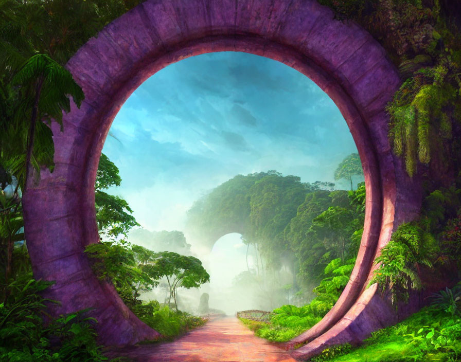 Mystical stone archway in lush greenery with misty forest landscape