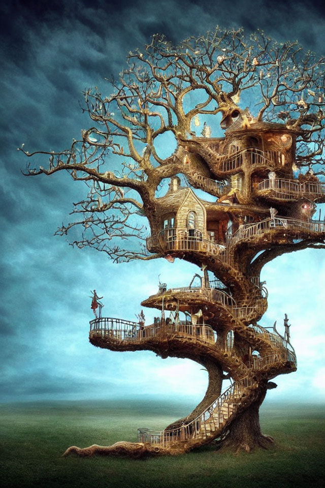 Elaborate Treehouse with Wooden Structures and Winding Stairs