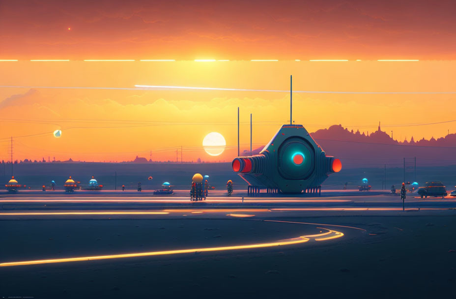 Futuristic Sunset Landing Pad with Spaceship and Vessels