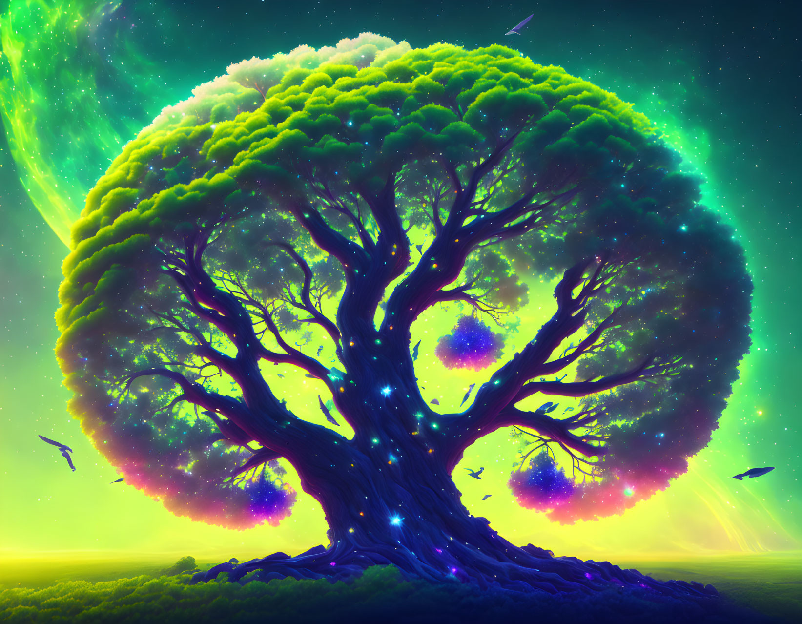 Colorful digital artwork of mystical tree under starry sky