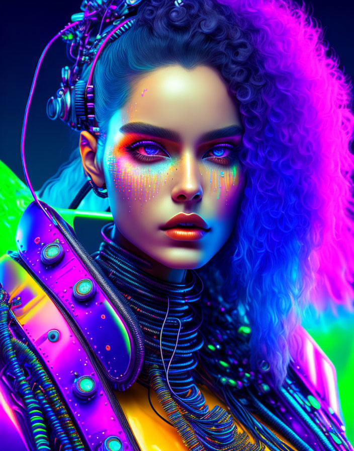 Colorful Cyberpunk Woman Portrait with Neon Aesthetics