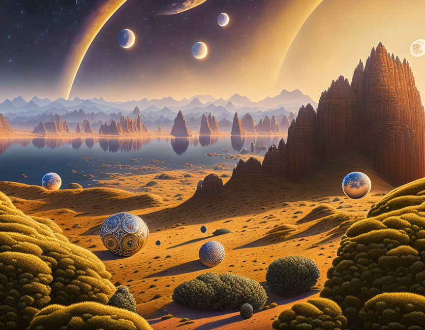Surreal landscape featuring moons, ringed planet, spheres, and rock formations