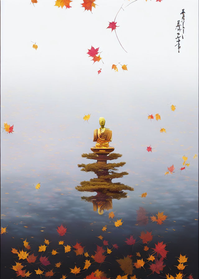 Golden Buddha statue on water with autumn leaves and misty backdrop.