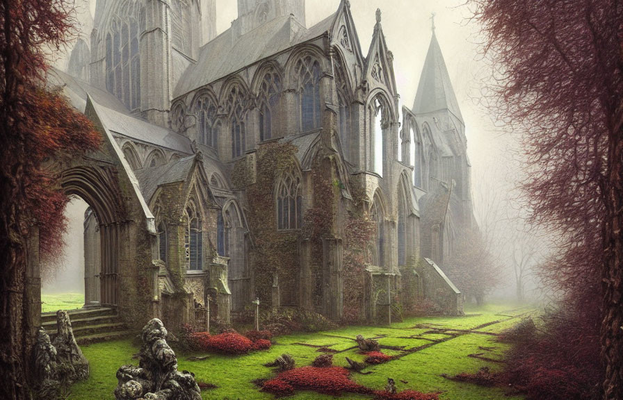 Ancient Gothic cathedral in foggy, overgrown setting
