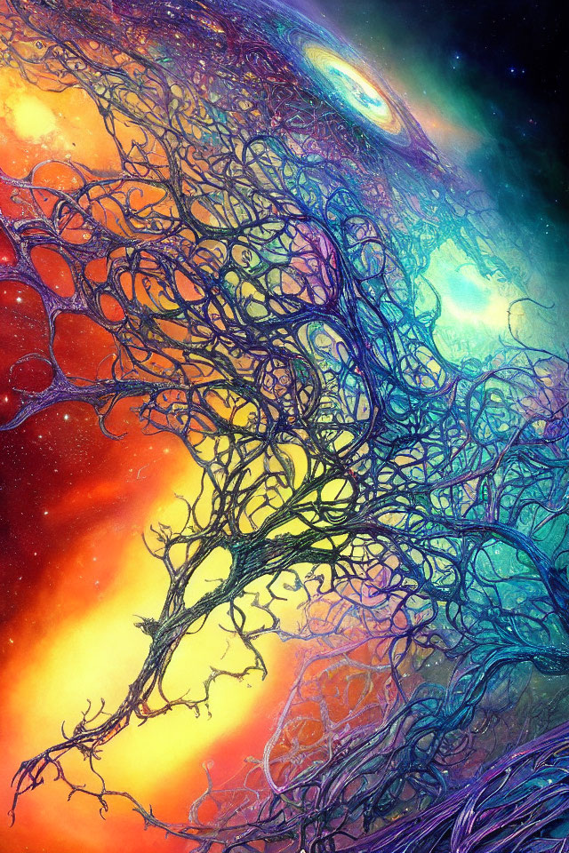 Colorful cosmic artwork: Dark tree amidst starry space