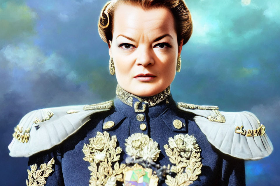 Vintage hairstyle woman in military jacket with medals on blue backdrop