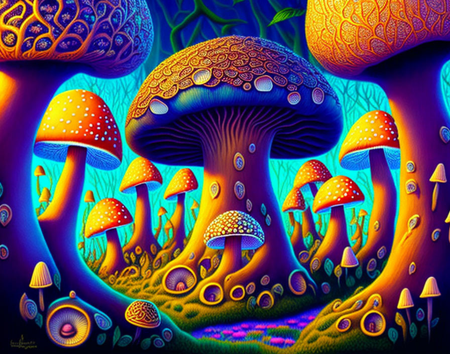 Colorful Psychedelic Mushroom Illustration in Luminous Fantasy Forest