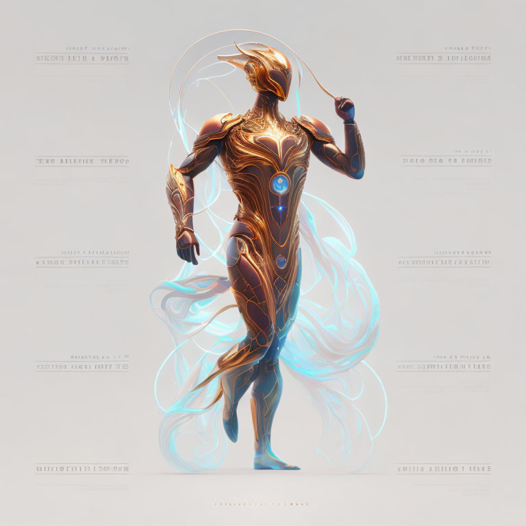 Futuristic metallic humanoid with blue energy lines on pale background