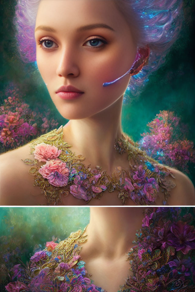 Digital artwork of woman with violet hair and floral skin against soft-focus background