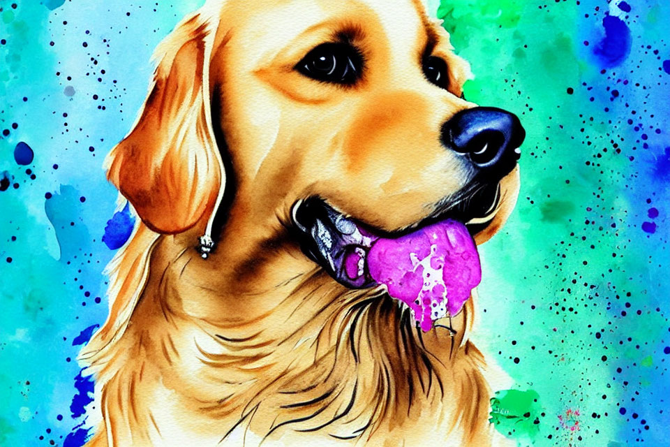 Colorful Watercolor Painting of Golden Retriever with Heart-Shaped Tongue