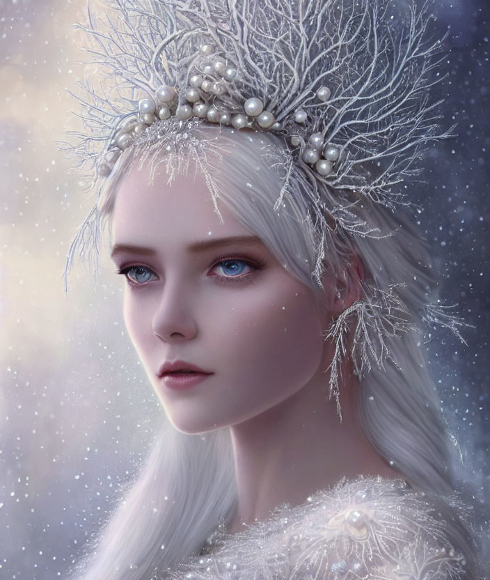 Pale woman with ice-blue eyes and pearl crown in starry setting