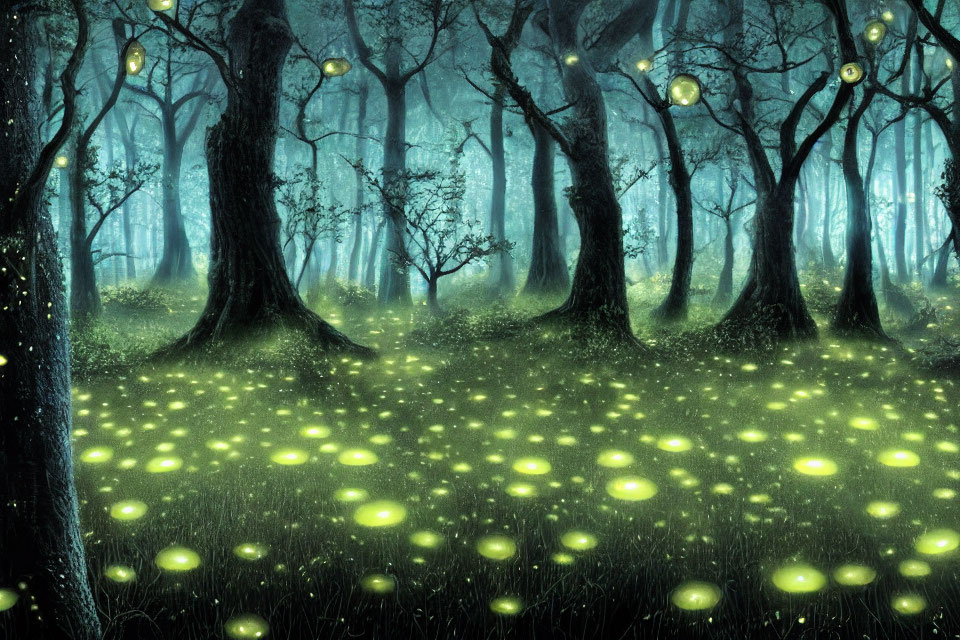 Enchanted forest with glowing orbs and fireflies under twilight canopy