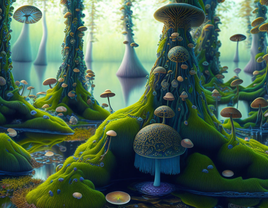 Enchanting forest with towering mushroom structures in intricate patterns