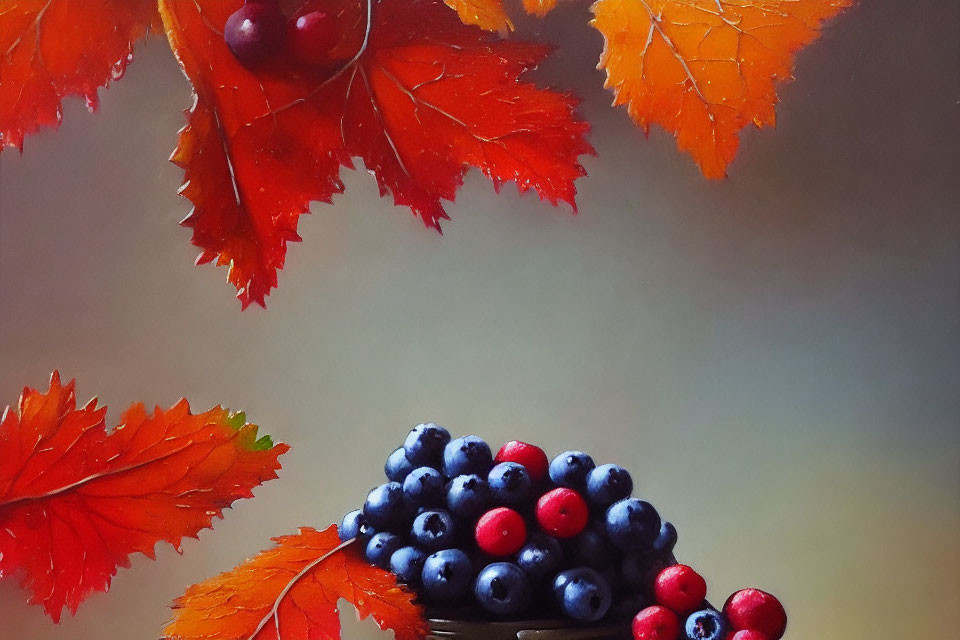 Vibrant orange leaves and dark blue & red berries in autumnal scene